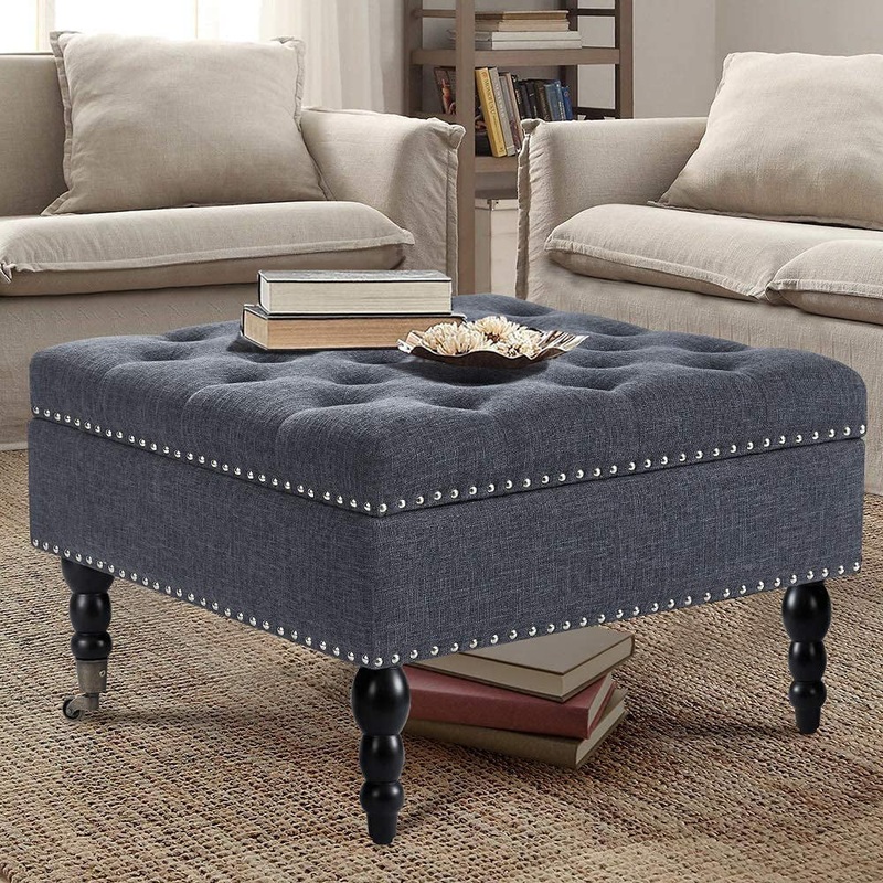 AVAWING 29 Storage Large Ottoman Modern Square Tufted Bench for Living Room, Fabric Nailed Trim Ottoman Coffee Table for Bedroom with Rolling Wheels, Dark Grey