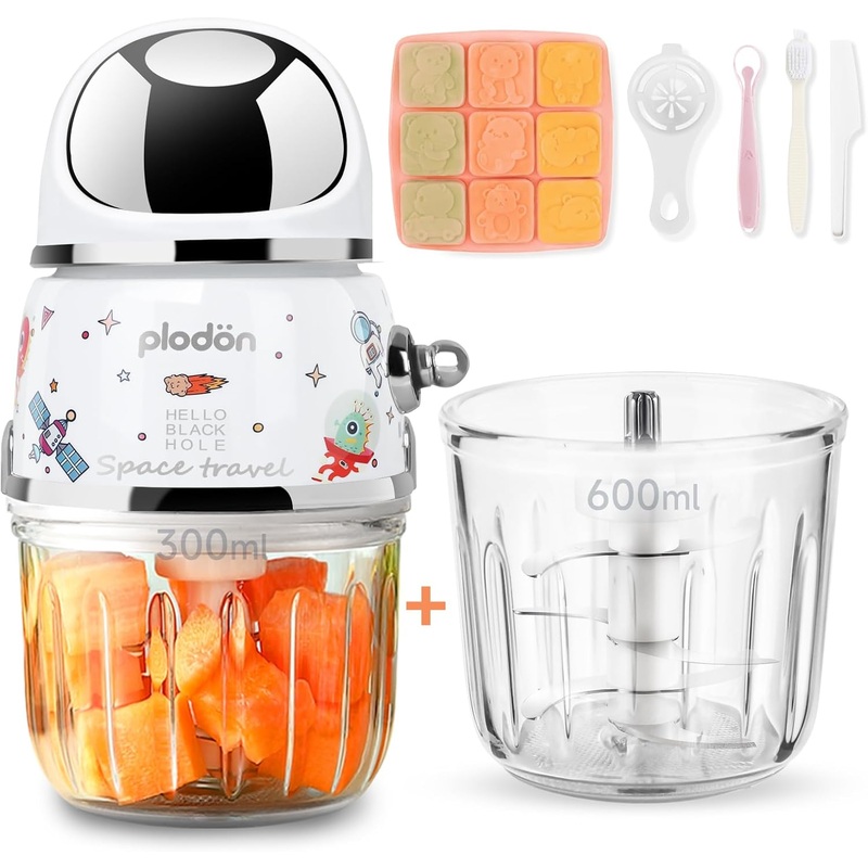 Baby Food Maker Mini Cute and Small Food Processor Puree Blender Grinder Chopper 2 Cup Glass Bowl, Spaceman-White