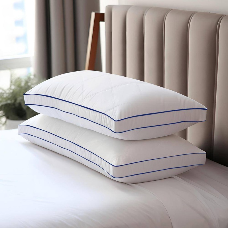 Bafode HD-BA-DP81052-K Goose Down Feather King Size Pillow, Cotton Fabric, Gusseted Pillow Inserts, Blue Edge Piping White Pillow