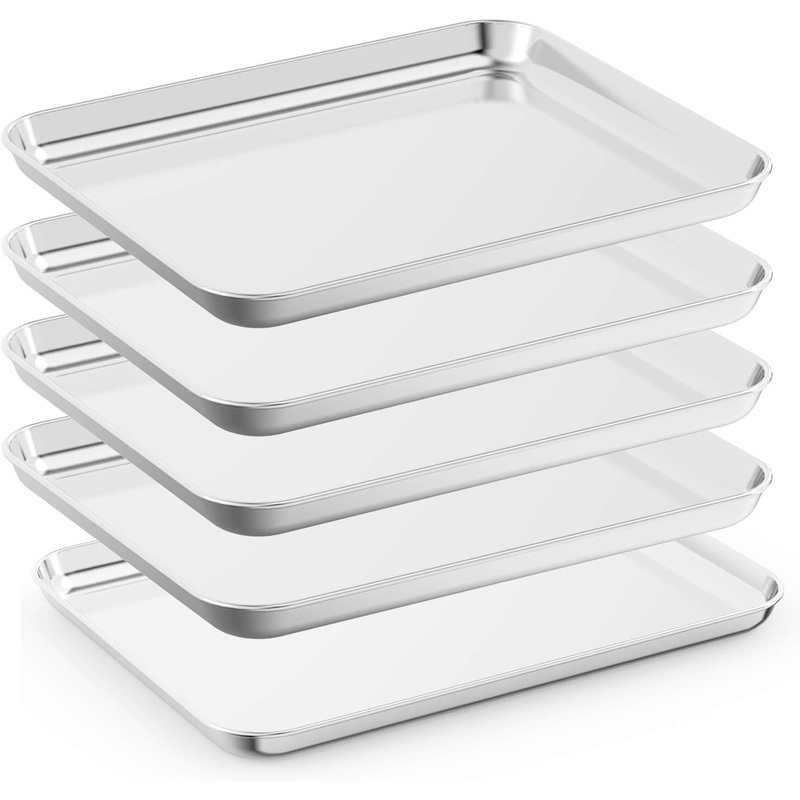 Baking Sheet Set of 5, Stainless Steel 5 Piece Cookie Sheet, Toaster Oven Baking Pan Set, Rectangle Size 16 x 12 x 1 inch, Healthy, Mirror Finish, Rust Free, Dishwasher Safe