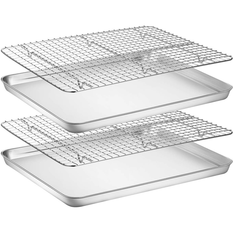 Baking Sheet with Rack Set [2 Pans + 2 Racks], Wildone Stainless Steel Cookie Sheet Baking Pan Tray with Cooling Rack, Size 16 x 12 x 1 Inch, Non Toxic & Heavy Duty & Easy Clean