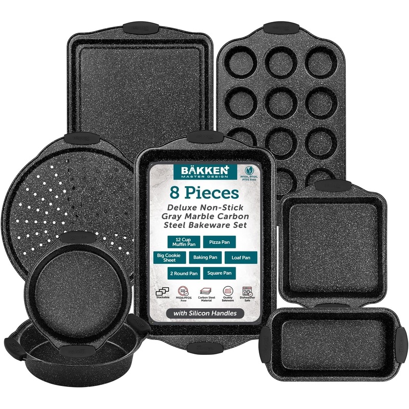 BAKKEN 8-Piece Kitchen Oven Baking Pans Set  Deluxe Nonstick Gray Marble Coating, Professional Grade Carbon Steel Bakeware with Silicone Handles  Oven, Dishwasher, and Freezer Safe