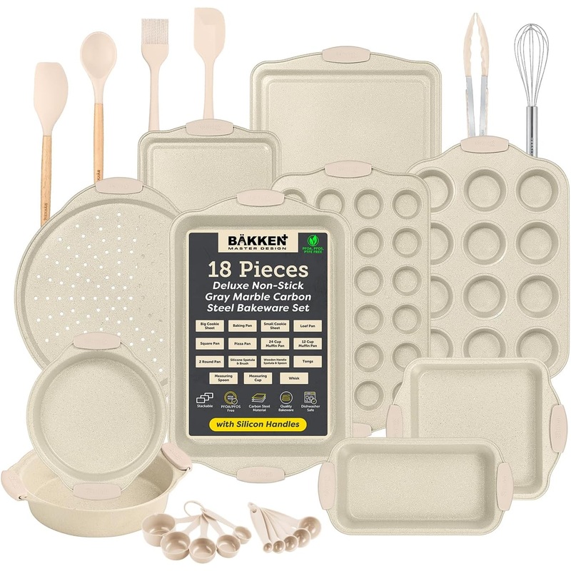 BAKKENMASTE 18-Piece Deluxe Nonstick Carbon Steel Bakeware Set  Professional Kitchen Oven Baking Pans with White Silicone Handles and Accessories