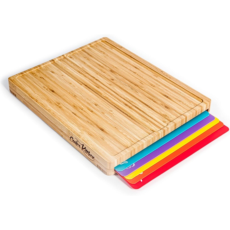 Bamboo Cutting Board Set  Easy-to-Clean Wood Cutting Board Set with 6 Color-Coded Flexible Plastic Cutting Boards with Food Icons  Wooden Cutting Boards For Kitchen  Wooden Chopping Board Set