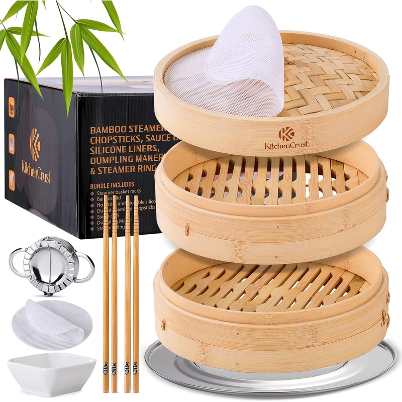 Bamboo Steamer Basket for Chinese Asian Cuisine  2 Tier 10-Inch Steaming Basket Bun Vegetable Steamer, Dumpling Steamer bamboo steam basket, Sauce Dish, Chopsticks, Reusable Liners, Ring