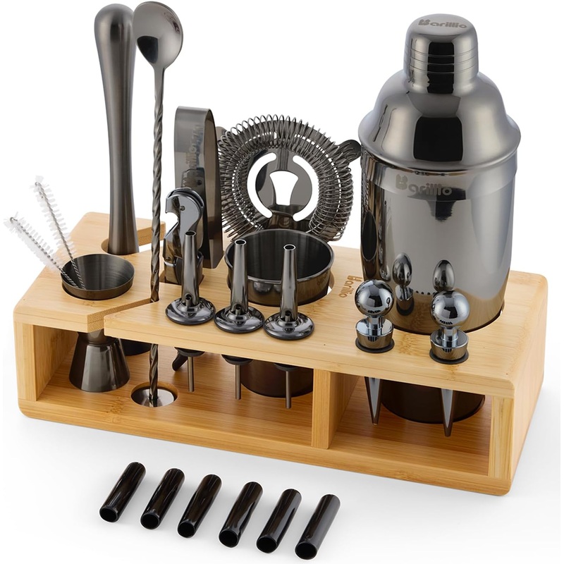 Barillio Black Bartender Kit  Stainless-Steel Cocktail Shaker Set w/Bamboo Stand  Mixology Bar Tools w/Drink Shaker, Mixer Spoon & Muddler for Cocktails  Home Bar Accessories  23-Pc Bar Set