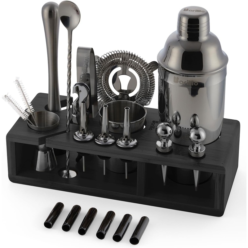 Barillio Black Bartender Kit  Stainless-Steel Cocktail Shaker Set w/Black Bamboo Stand  Mixology Bar Tools w/Drink Shaker, Mixer and Muddler for Cocktails  Home Bar Accessories  23-Pc Bar Set