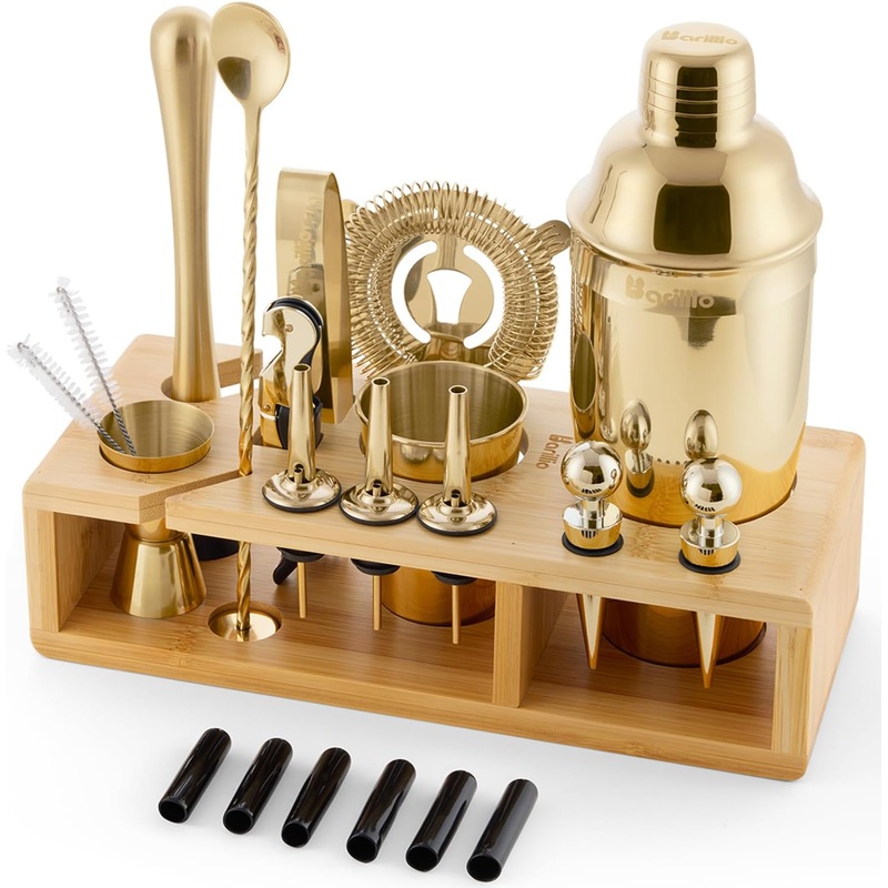 Barillio Gold Bartender Kit  Stainless-Steel Cocktail Shaker Set w/Bamboo Stand  Mixology Bar Tools w/Drink Shaker, Mixer Spoon and Muddler for Cocktails  Home Bar Accessories  23-Pc Bar Set