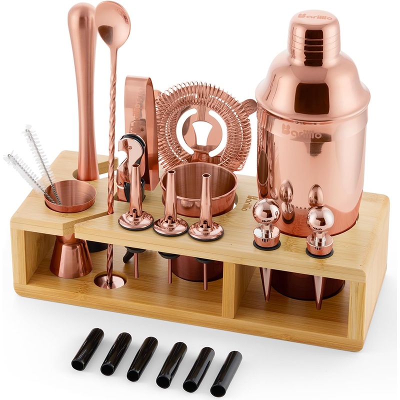 Barillio Rose Gold Bartender Kit  Stainless-Steel Cocktail Shaker Set w/Bamboo Stand  Mixology Bar Tools w/Drink Shaker, Mixer and Muddler for Cocktails  Home Bar Accessories  23-Pc Bar Set