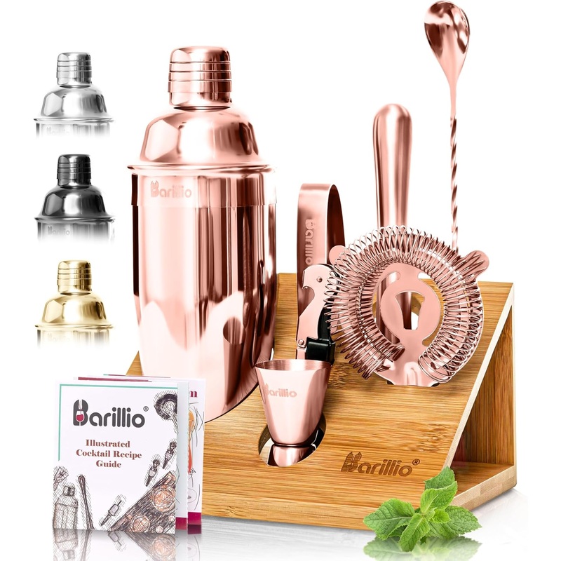 Barillio Rose Gold Bartender Kit  Stainless-Steel Cocktail Shaker Set w/Bamboo Stand  Mixology Bar Tools w/Shaker, Drink Mixer Spoon & Muddler for Cocktails  Home Bar Accessories  10-Pc Bar Set