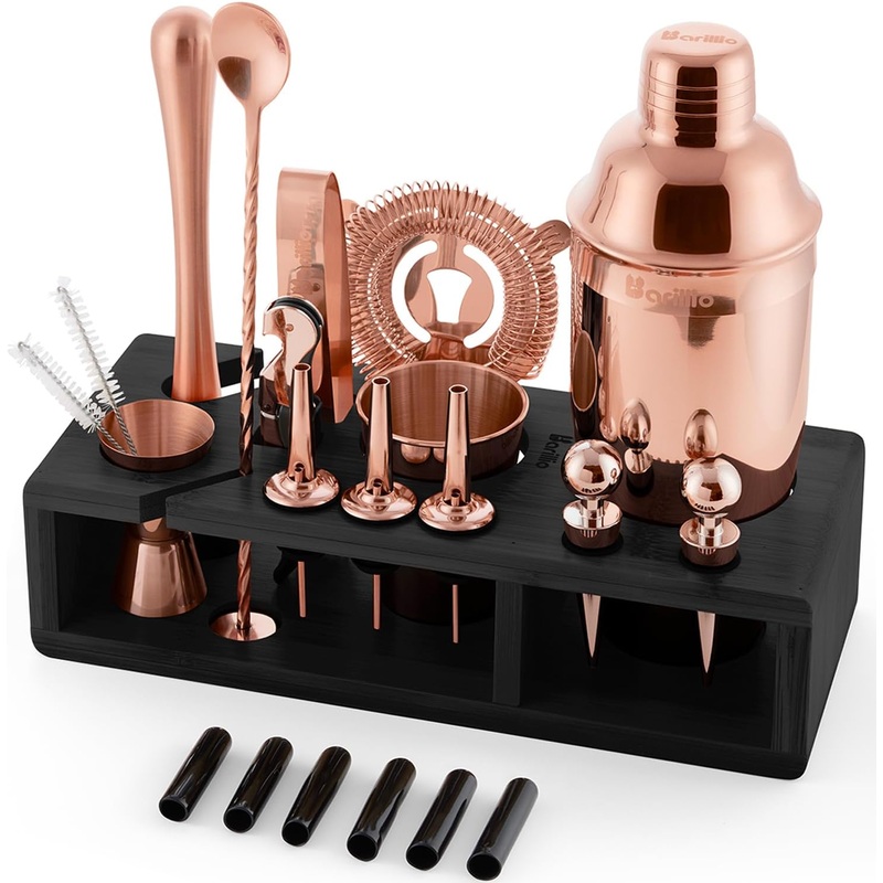 Barillio Rose Gold Bartender Kit  Stainless-Steel Cocktail Shaker Set w/Black Bamboo Stand  Mixology Bar Tools w/Drink Shaker, Mixer, Muddler for Cocktails  Home Bar Accessories  23-Pc Bar Set