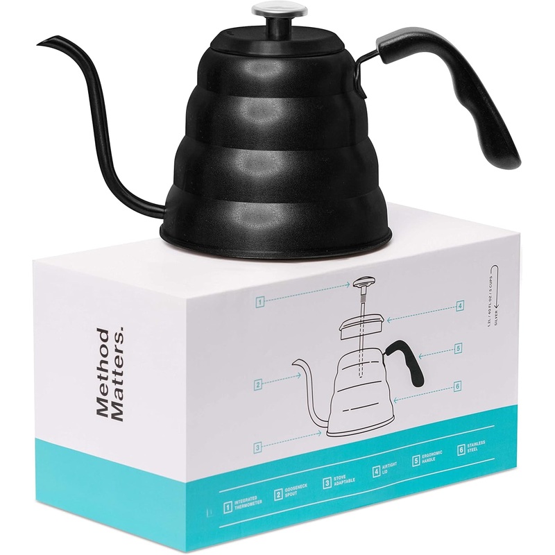 Barista Warrior Gooseneck Kettle for Pour Over Coffee and Tea with Thermometer for Exact Temperature, Precision Pour Drip Spout, Compatible with all Stove Tops (Copper Coated, 1.2 Liter, 40 fl oz)