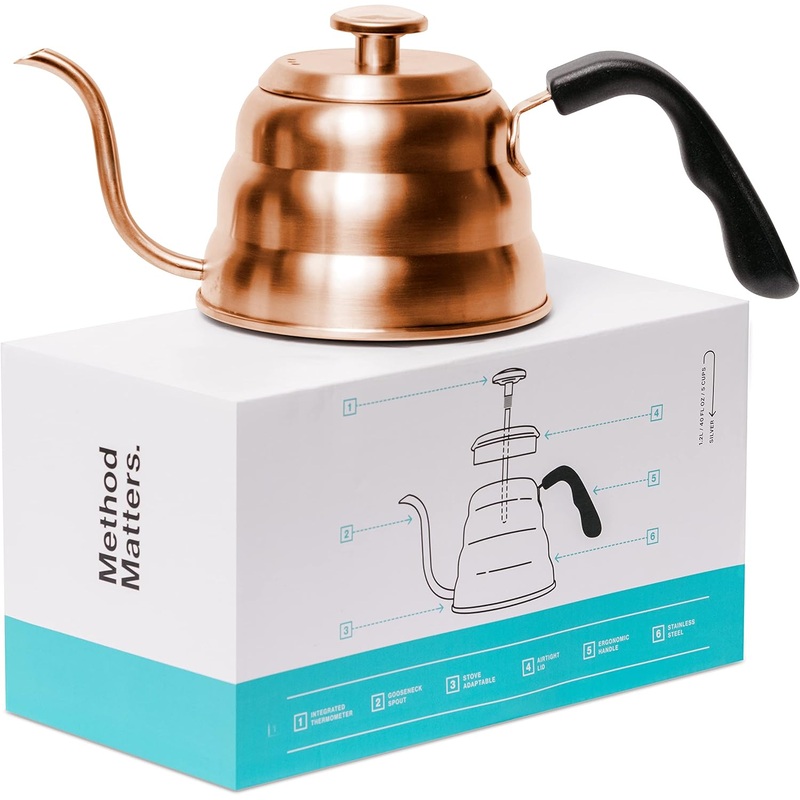 Barista Warrior Pour Over Coffee Kettle with Thermometer  Gooseneck Kettle for Coffee and Tea, Stainless Steel Pour Over Kettle for all Stovetops (Copper Coated, 1.0 Liter, 34 fl oz)