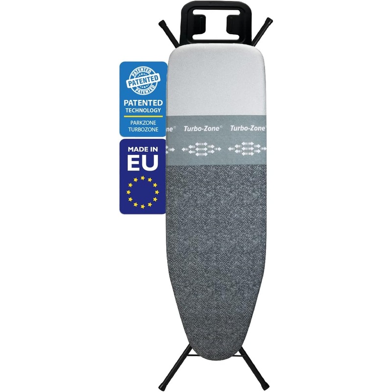 Bartnelli Classic Ironing Board with New Patent Technology | Made in Europe Iron Board with Patent Fast-Glide Zone, 4 Layer Cover & Pad, Height Adjustable, Safety Iron Rest, 4 Premium Steel Legs, Black/Black