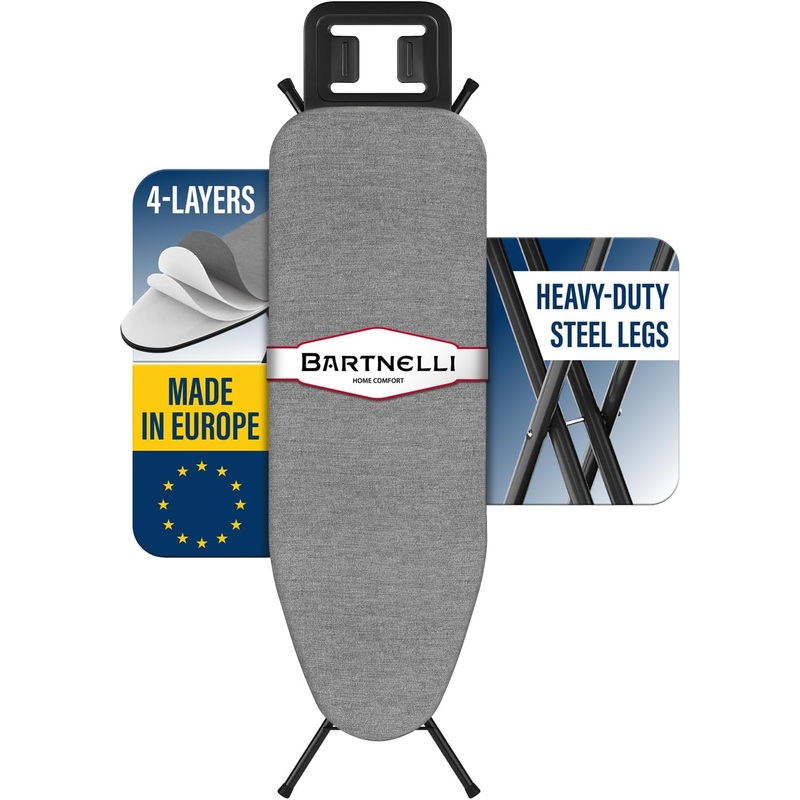 Bartnelli Ironing Board Made in Europe | Iron Board with 4 Layered Cover & Pad, Height Adjustable up to 36 Features A Safety Iron Rest, 4 Steel Legs, for Home Laundry Room or Dorm Use (4314)