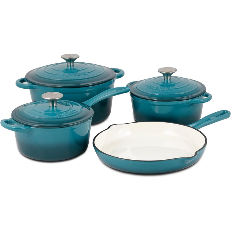 Basque Enameled Cast Iron Cookware Set, 7-Piece Set (Biscay Blue), Nonstick, Oversized Handles, Oven Safe; Skillet, Saucepan, Small Dutch Oven, Large Dutch Oven, 10.25, 2QT, 2.25QT, 4.75QT