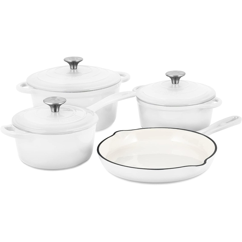 Basque Enameled Cast Iron Cookware Set (Blanc White), 7-Piece Set, Nonstick, Oversized Handles, Oven Safe; 10.25 Skillet, 2QT Saucepan, 2.25QT Small Dutch Oven, 4.75QT Large Dutch Oven