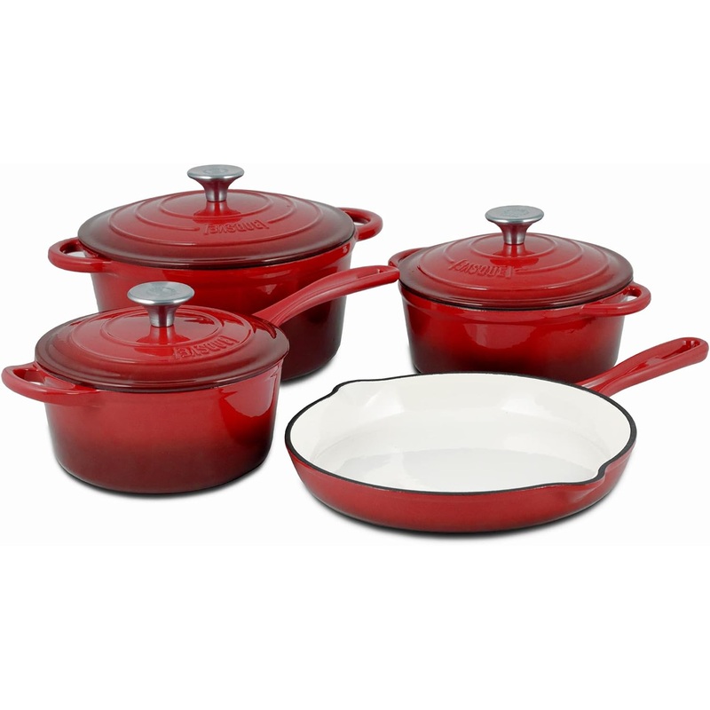Basque Enameled Cast Iron Cookware Set (Rouge Red), 7-Piece Set, Nonstick, Oversized Handles, Oven Safe; 10.25 Skillet, 2QT Saucepan, 2.25QT Small Dutch Oven, 4.75QT Large Dutch Oven