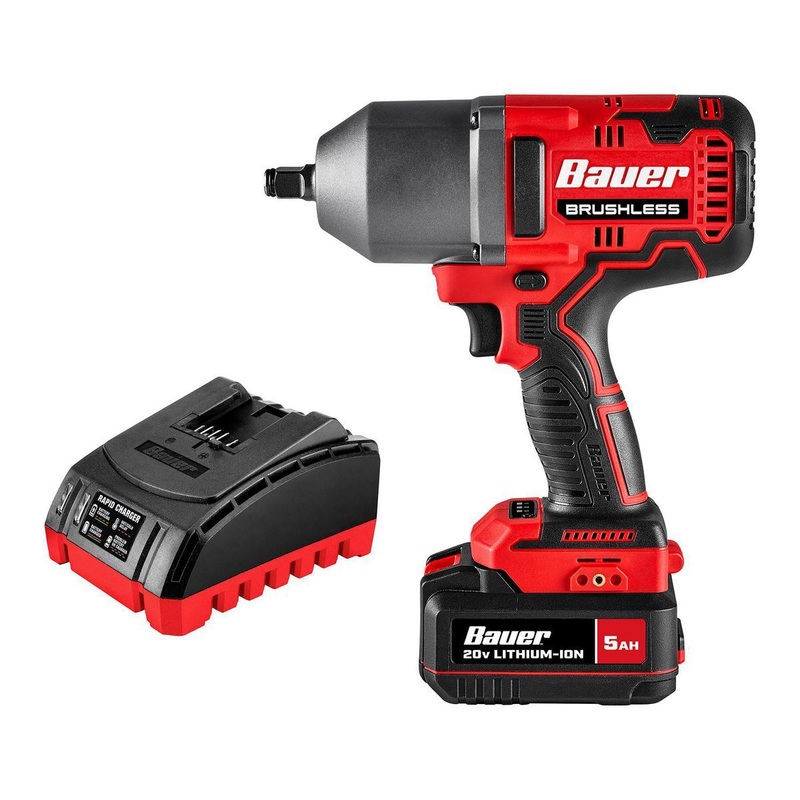 BAUER 2085CR-B1 20V Brushless Cordless, 1/2 in. High-Torque Impact Wrench Kit with 5 Ah Battery and Charger