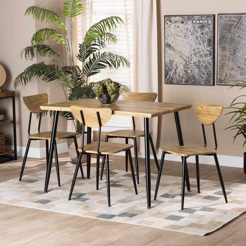 Baxton Studio Gianetta Mid-Century Modern Oak Brown Finished Wood and Black Metal 5-Piece Dining Set
