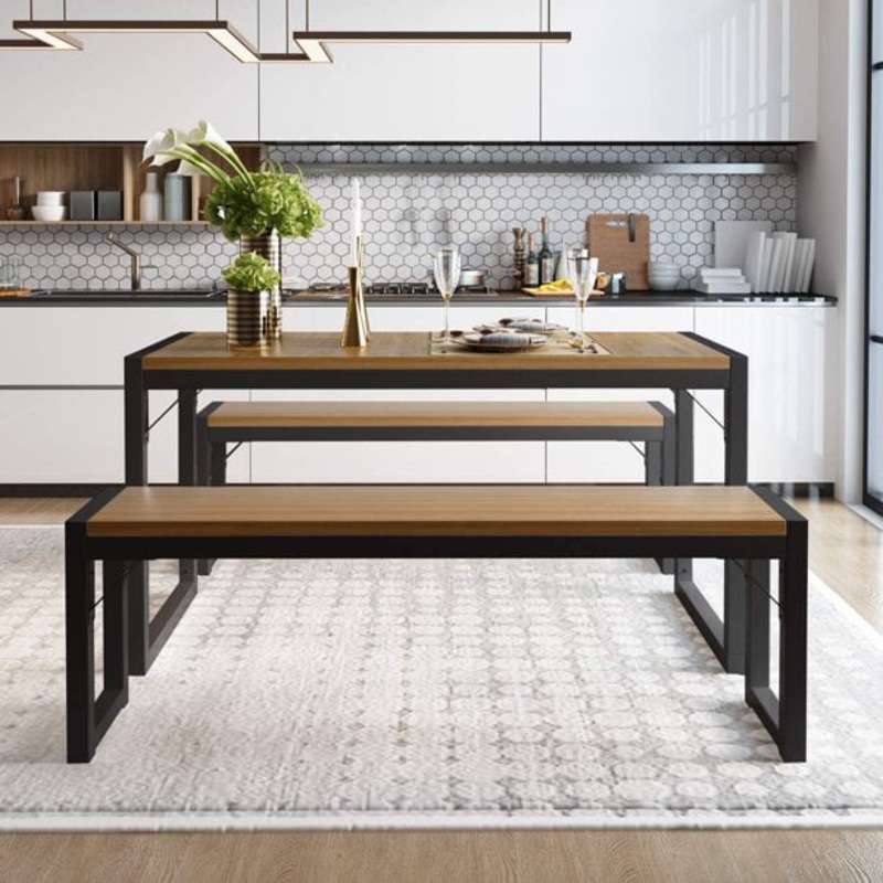 Amolife 3-Piece Modern Industrial Dining Table Set with Benches, Black Frame+walnut