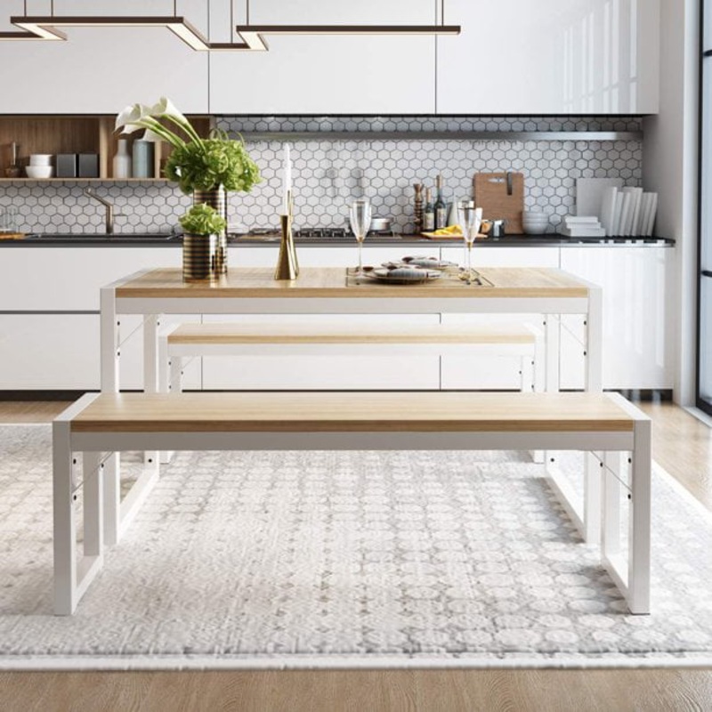 Amolife 3-Piece Modern Industrial Dining Table Set with Benches, White Frame+ Maple