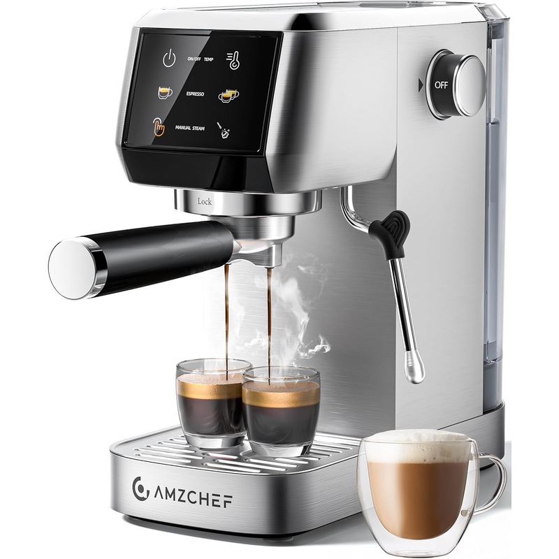 AMZCHEF Espresso Machine 20 Bar Professional Coffee Maker with Milk Frother, Adjustable Temperature & Pressure, Stainless Steel Espresso Maker for Cappuccino, Latte, Mocha, 44oz Removable Water Tank
