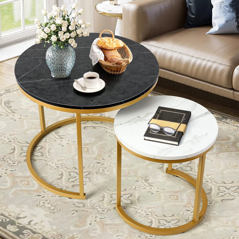 Amzdeal Coffee Tables for Living Room  Small Round Coffee Table Set of 2 Nesting Tables for Small Spaces, Black+White
