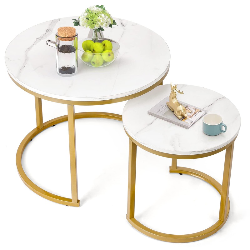 Amzdeal Modern Round Nesting Coffee Table,Set of 2, Marble
