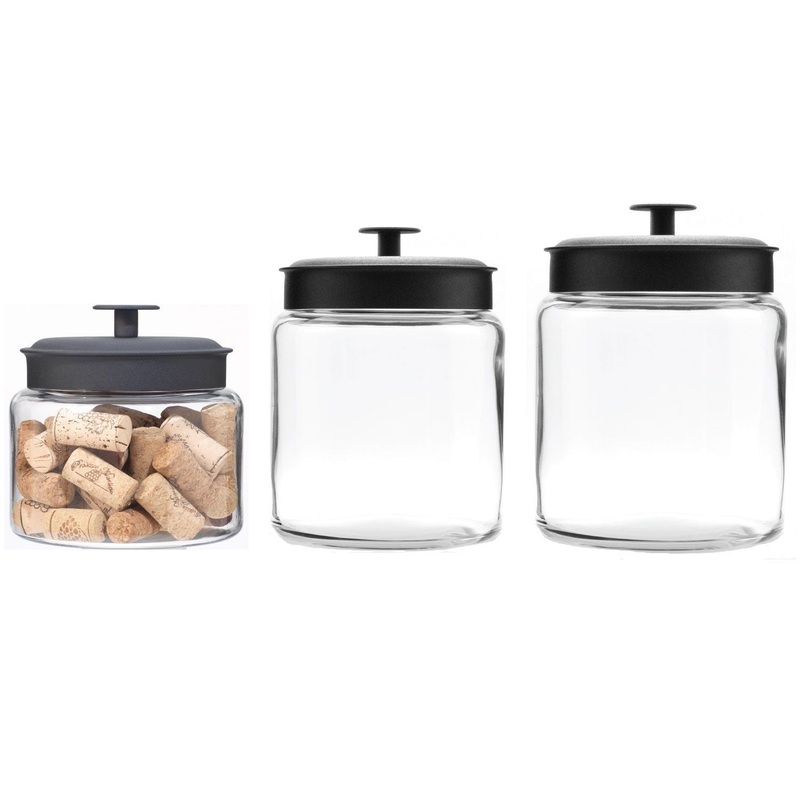 Anchor Hocking 3-Piece Montana Clear Glass Jar Storage Set with Black Metal Lids, 26-Cups