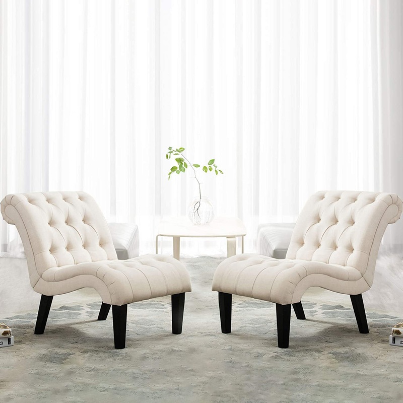 Andeworld Set of 2 Accent Chair for Living Room Bedroom Upholstered Tufted Curved Backrest Casual Fabric Chairs with Wood Legs Cream