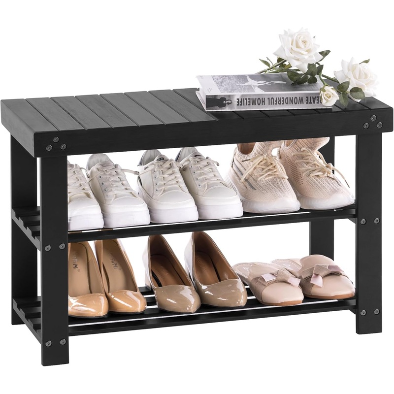Apicizon Bamboo Shoe Rack for Entryway, 3-Tier Shoe Rack Bench for Front Door Entrance, Small Shoe Organizer with Storage, Black