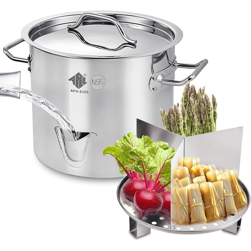 ARC 20QT Stainless Steel Tamale Steamer Pot w/Easy-fill Water Spout, Seafood Crab Steamer with Divider and Steamer Rack, 5 Gallon