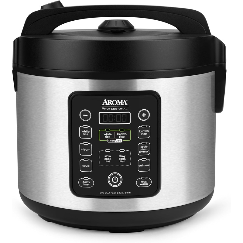 Aroma Housewares ARC-1120SBL SmartCarb Cool-Touch Stainless Steel Rice Multicooker Food Steamer, Slow Cooker with Non-Stick Inner Pot and Steam Tray, 20-Cup(cooked)/ 5Qt, Black