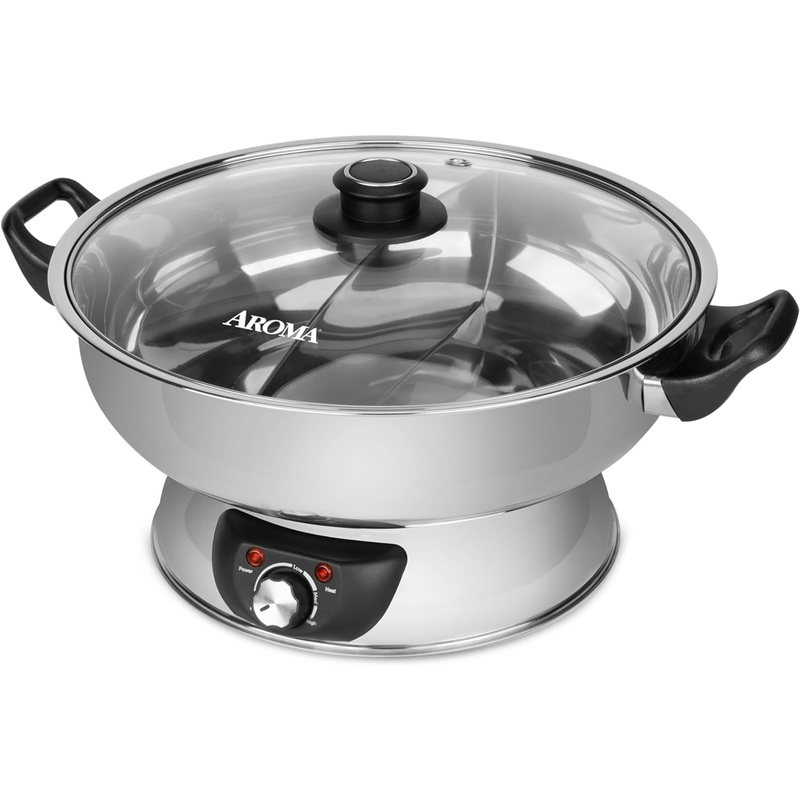 Aroma Housewares ASP-610 Dual-Sided Shabu Hot Pot, 5Qt, Stainless Steel Aroma Housewares 3 Uncooked/6 Cups Cooked Rice Cooker, Steamer, Multicooker, 2-6 cups, Black