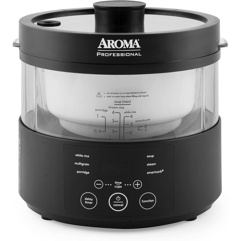 Aroma Housewares Professional 8-Cup (Cooked) SmartCarb Multicooker and Flavor-Lock Food Steamer for Low-Carb Rice and Grains, Glass Inner Pot, Black (AMC-800), Transparent Glass, 4 Cup Uncooked Rice