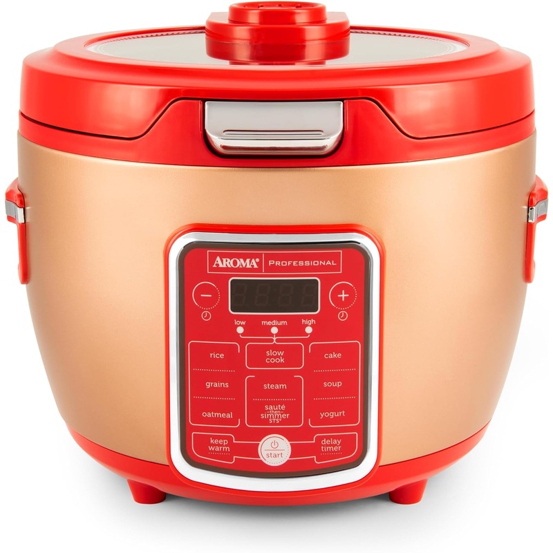Aroma Professional ARC-1230R Cool Touch Glass Lid, Food Steamer, Slow Cooker, Multicooker with 11 Preset Functions, Steam Tray, Measuring, Rice Spatula, 20 Cup Cooked, Red