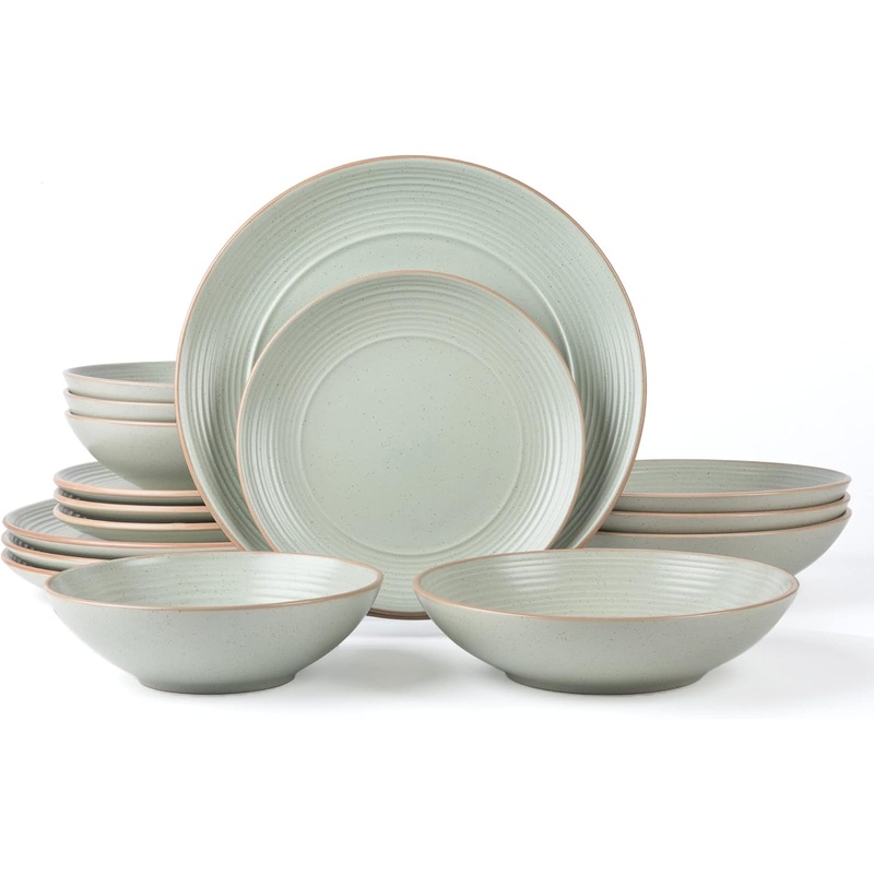 ARORA RINGAR Round Stoneware 16pc Double Bowl Dinnerware Set for 4, Dinner Plates, Side Plates, Cereal Bowls, Pasta Bowls  Speckle Matte White (405878)