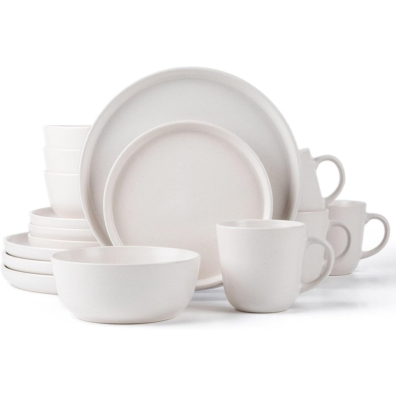 Arora SKUGGA Round Stoneware 16pc Dinnerware Set of 4, Dinner Plates, Side Plates, Cereal Bowls, Mugs  Matte White (466817)