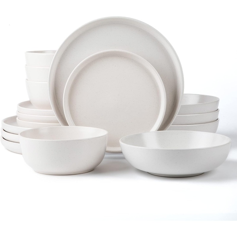 ARORA SKUGGA Round Stoneware 16pc Double Bowl Dinnerware Set for 4, Dinner and Side Plates, Cereal and Pasta Bowls  Matte White(466077)