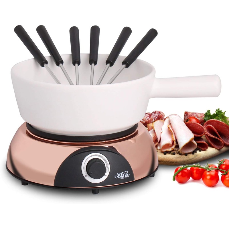 Artestia 1500W Electric Fondue Pot for Meat, 2-QT Ceramic Chocolate Melting Pot with Adjustable Temperature, 6 Fondue Forks, White Ceramic Pot with Rose-Gold Base