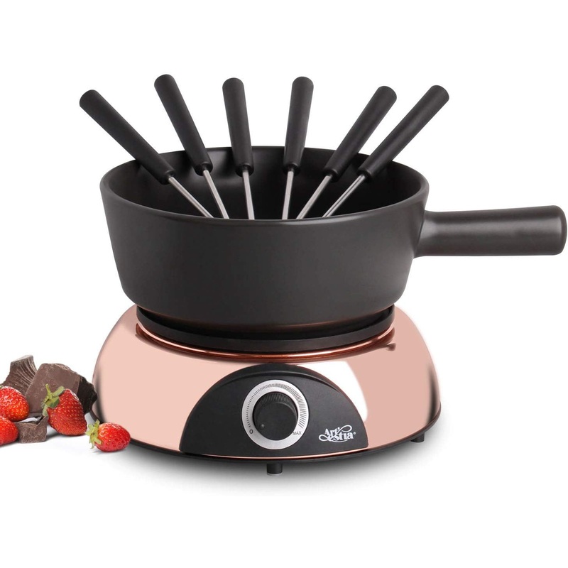 Artestia 2-QT Electric Fondue Pot for Chocolate Cheese, 1500W Oil Fondue Pot Set with Adjustable Temperature, 6 Fondue Forks, Black Ceramic Pot with Rose-Gold Base