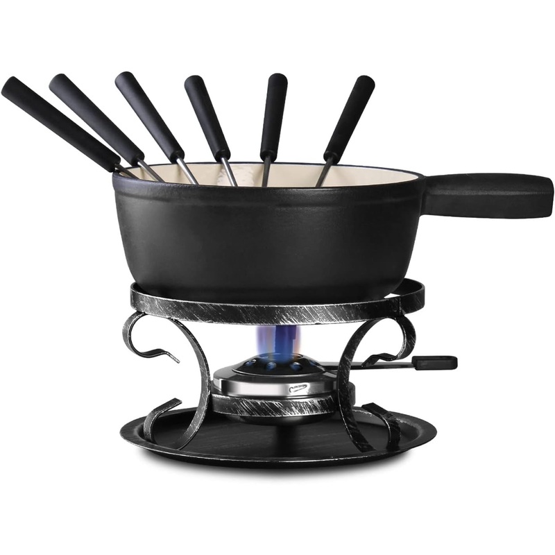 Artestia Cast Iron Cheese Fondue Pot Set, Swiss Traditional Cast Iron Fondue Set for Meat & Chocolate (Black)