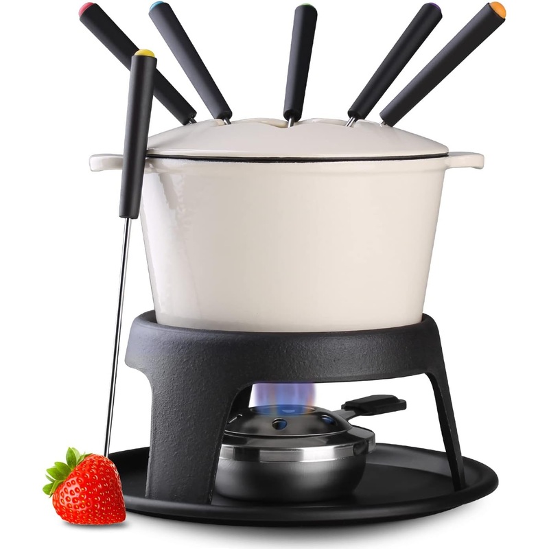 Artestia Cast Iron Fondue Pot Set for Chocolate Cheese Swiss Fondue Pot Set for Meat with 6 Fondue Forks, Cheese Camping Fondue Set Serve 6 Persons(White)