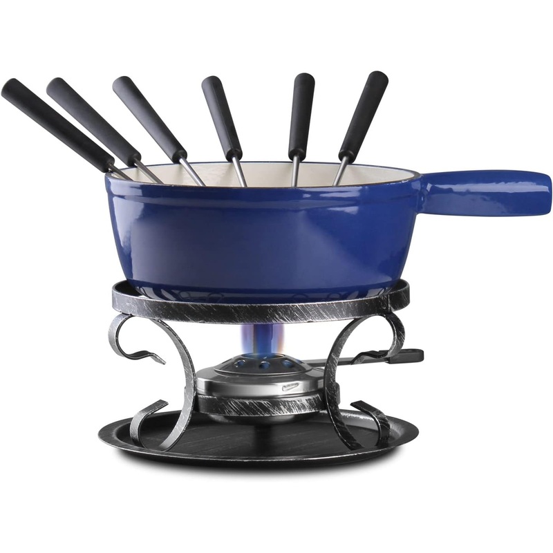 Artestia Swiss Traditional Cast Iron Cheese Fondue Pot Set, Campimg Fondue Set for Cheese, Meat & Chocolate (Blue)