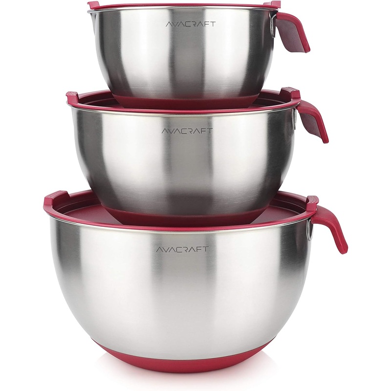 AVACRAFT 18/10 Stainless Steel Mixing Bowls with Lids, non slip silicone base bowls with Handle, Mixing Bowl Set with Pour Spouts & Measurement Marks, Home Essentials Cooking Bowls, (Black)