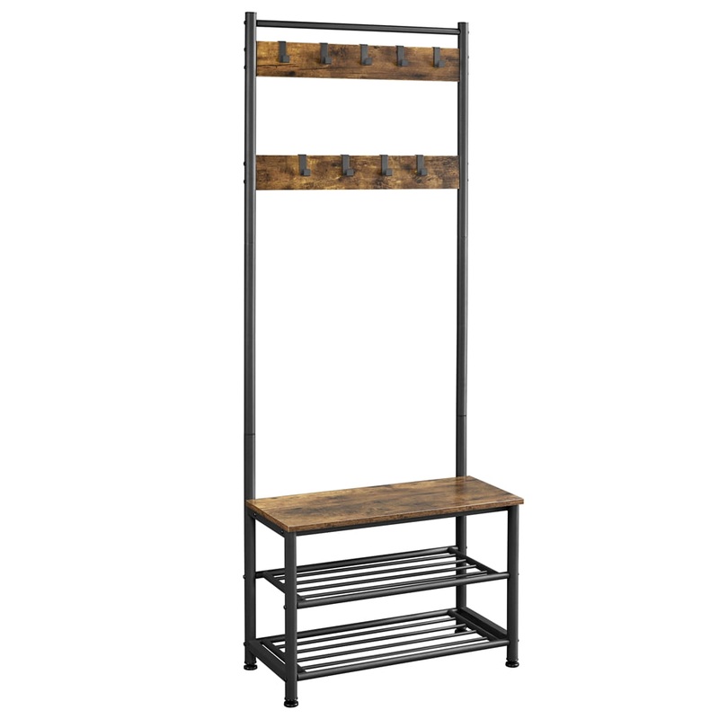 Alden Design 73 Metal Hall Tree with Shoe Storage Bench, Rustic Brown