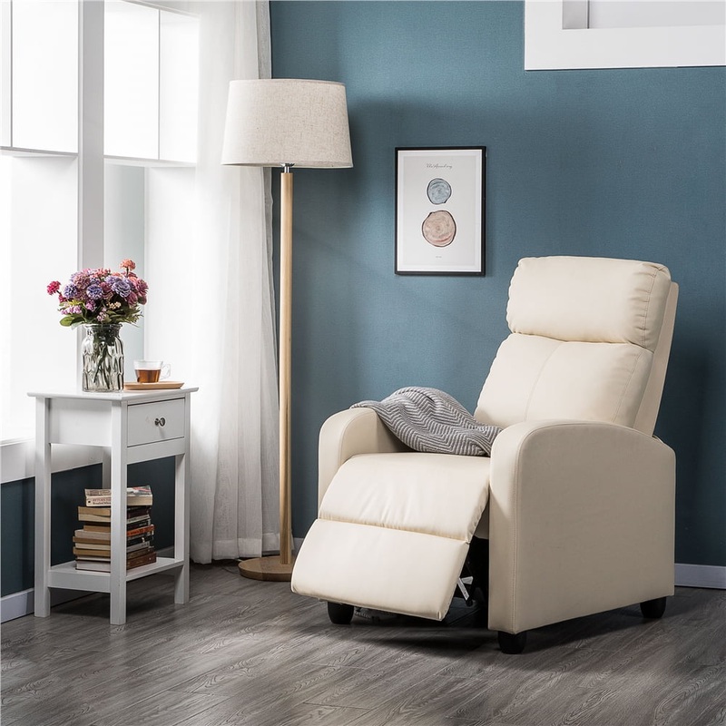 Alden Design Faux Leather Push Back Theater Recliner Chair with Footrest, Cream