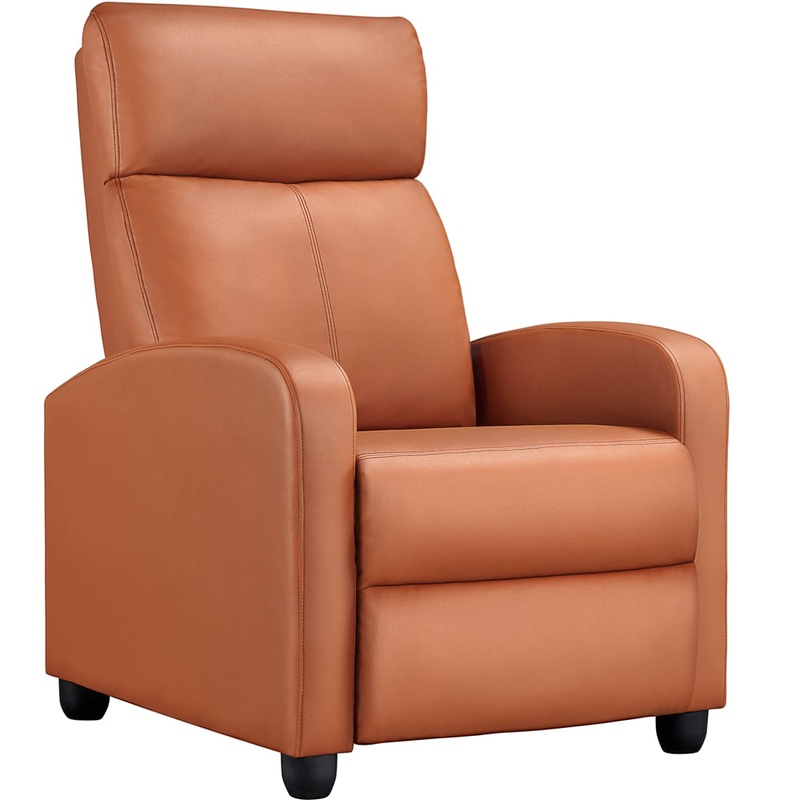 Alden Design Faux Leather Push Back Theater Recliner Chair with Footrest, Tan