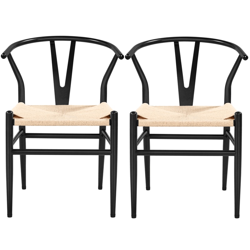 Alden Design Mid-Century Metal Dining Chairs with Woven Hemp Seat, Set of 2, Black